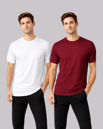 Combo of 2 Plain Regular Fit T-Shirts for Men - Maroon + White - 100% Premium Cotton