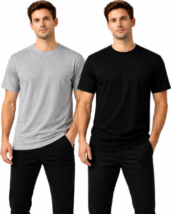 Combo of 2 Plain Regular Fit T-Shirts for Men - Black + Melange Grey - 100% Premium Cotton