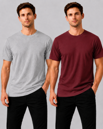 Combo of 2 Plain Regular Fit T-Shirts for Men - Maroon + Melange Grey - 100% Premium Cotton
